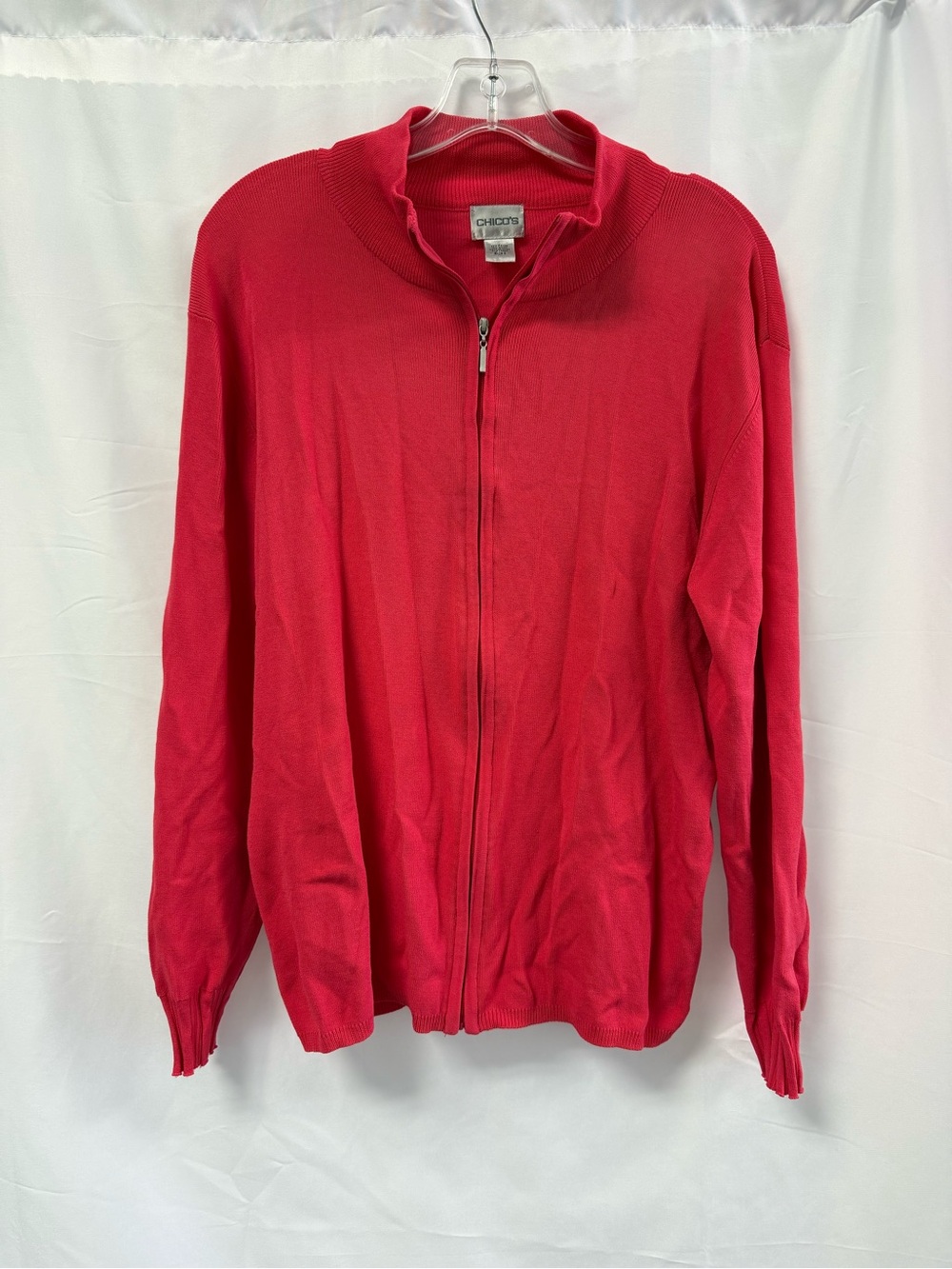 Chico’s Full Zip Cardigan Sweater Jacket Long Sleeve Mock Neck Coral Pink Womens